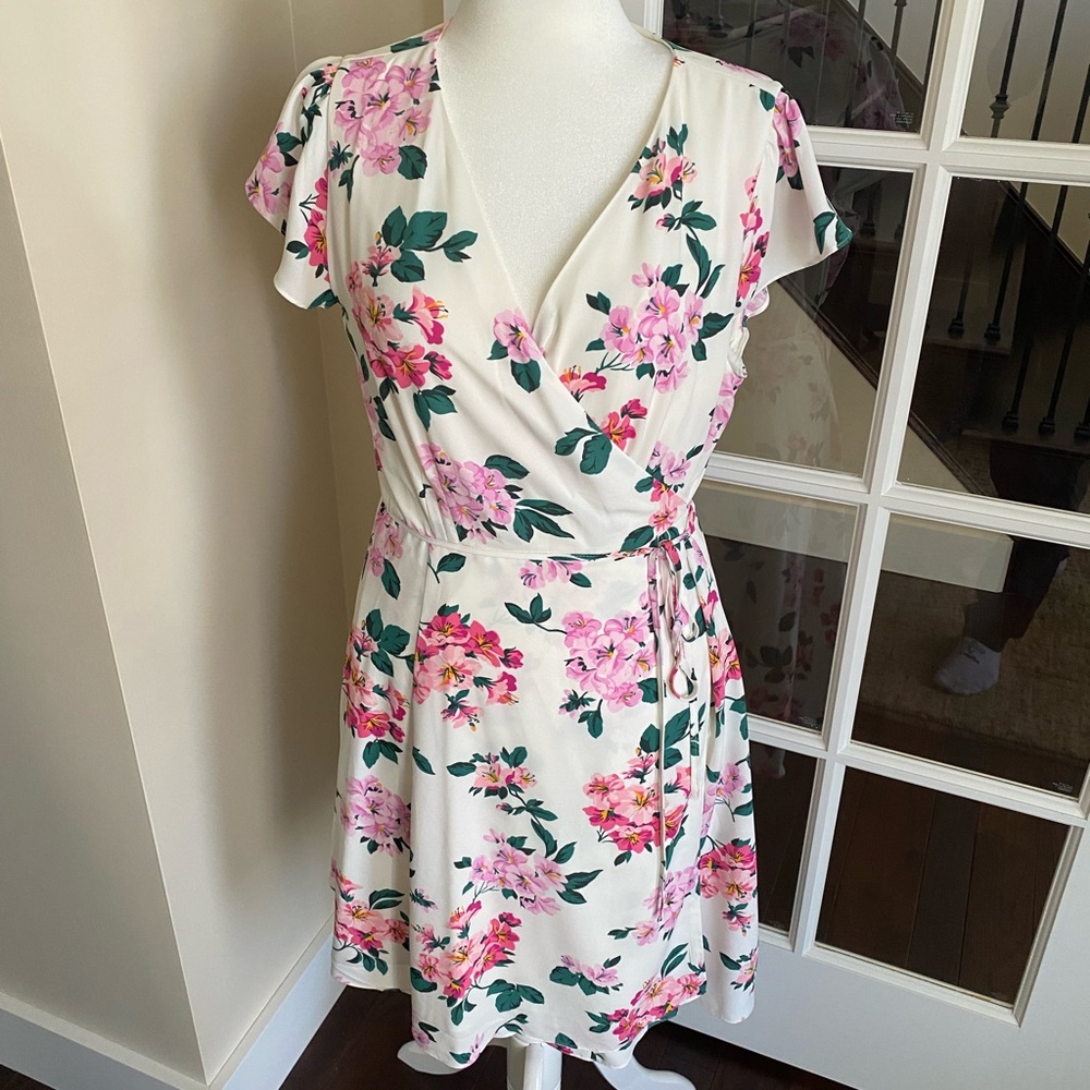 Ann Taylor Pink and Green Floral Mini Wrap Dress with Flutter Sleeves
